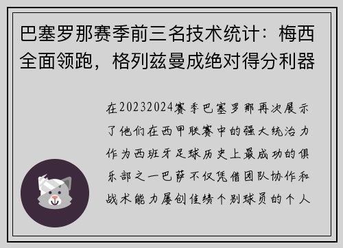 巴塞罗那赛季前三名技术统计：梅西全面领跑，格列兹曼成绝对得分利器
